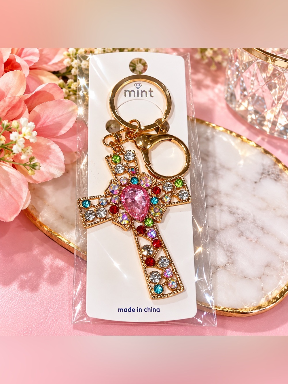 Mint Rhinestone Cross Keychain Bag Charm Gold Tone Multicolor Crystal NWT